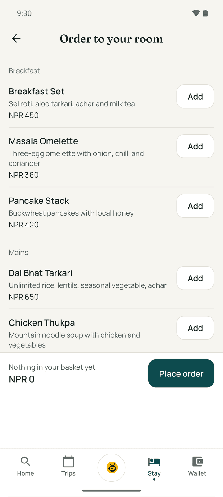 Order to your room: the menu by category with prices