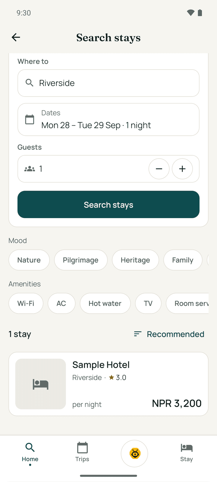 Search stays with the city, dates and guests, the mood and amenity filters, and the results