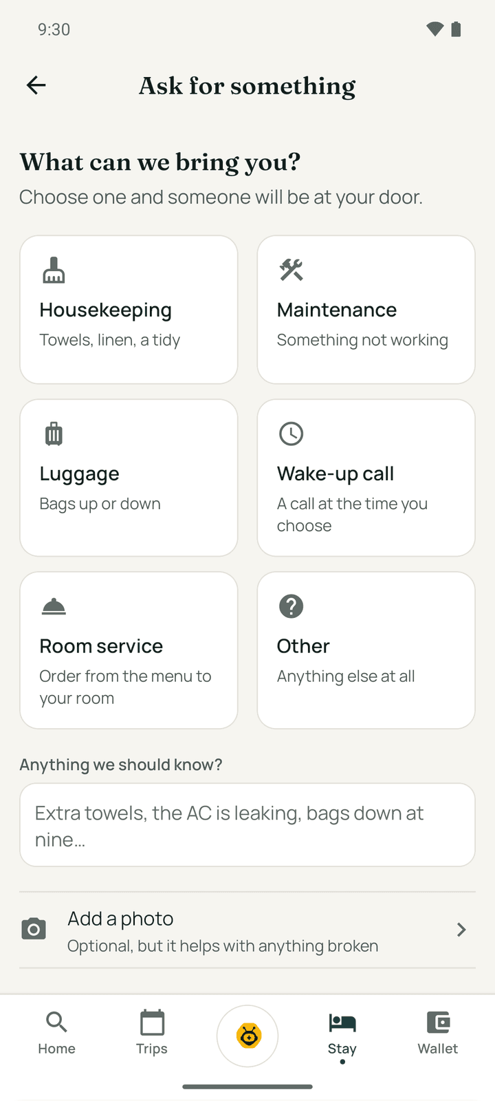 Ask for something: housekeeping, maintenance, luggage, wake-up call, room service and other