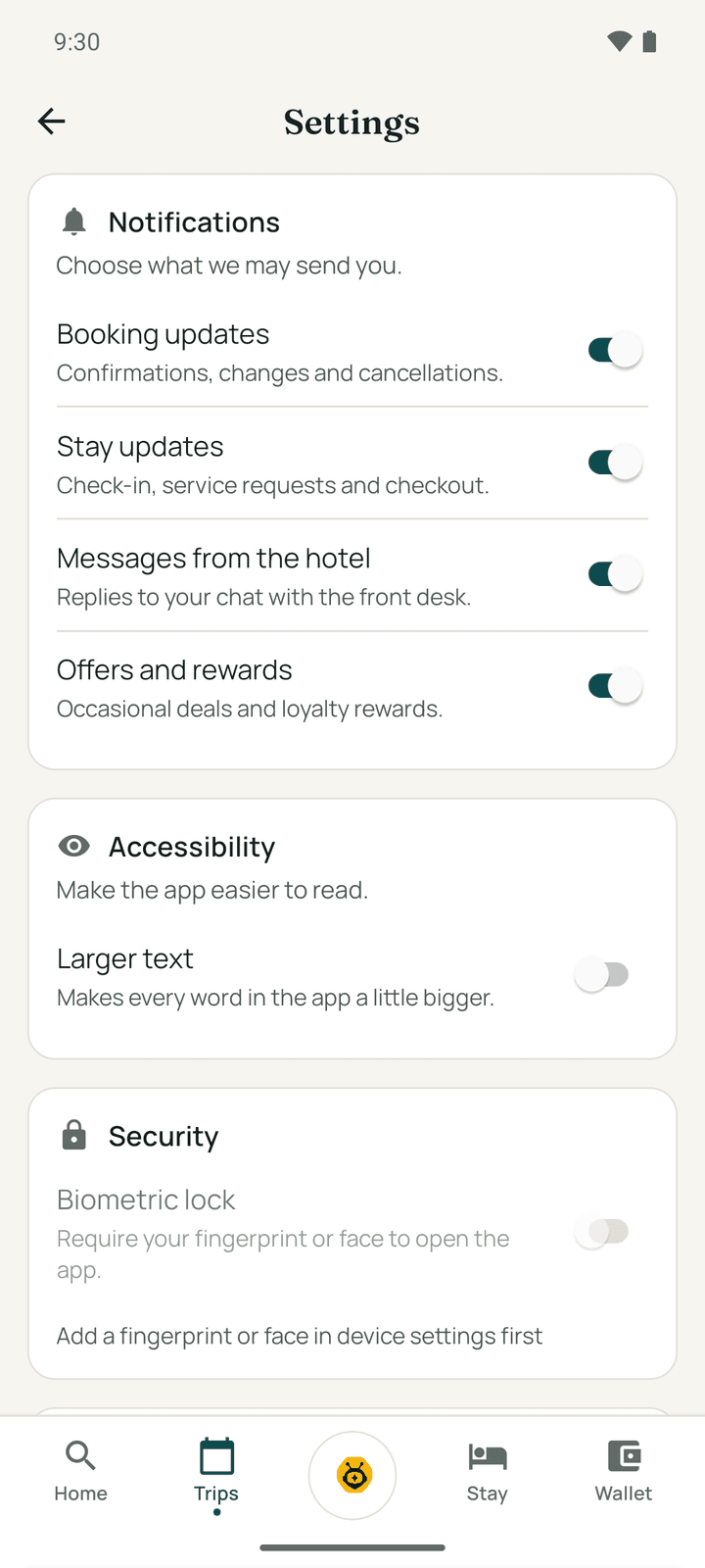 Go settings: notifications, larger text, biometric lock, your data and legal