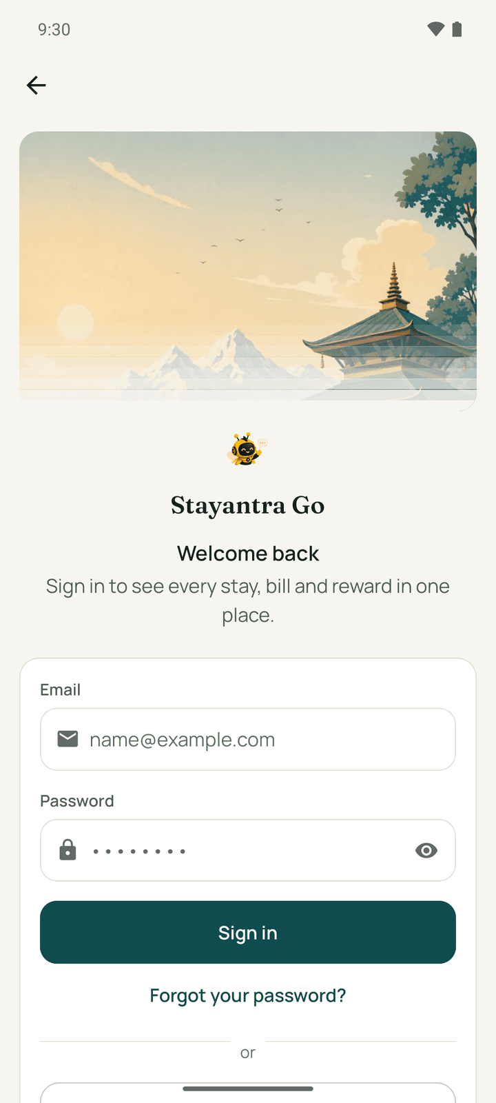 The Go sign-in screen with email and password, Continue with Google, and Create an account