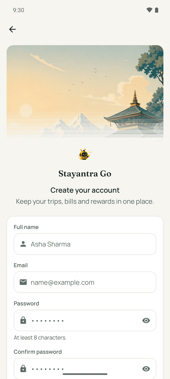 Create your account: full name, email, password, and the age and terms checkbox
