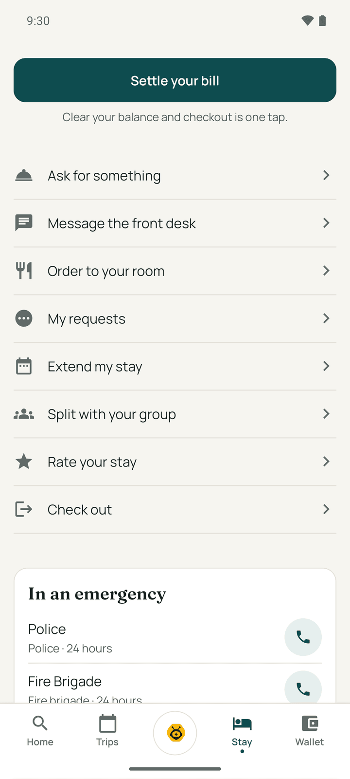 The list of stay actions: ask for something, message the front desk, order to your room, my requests, extend my stay, your bill