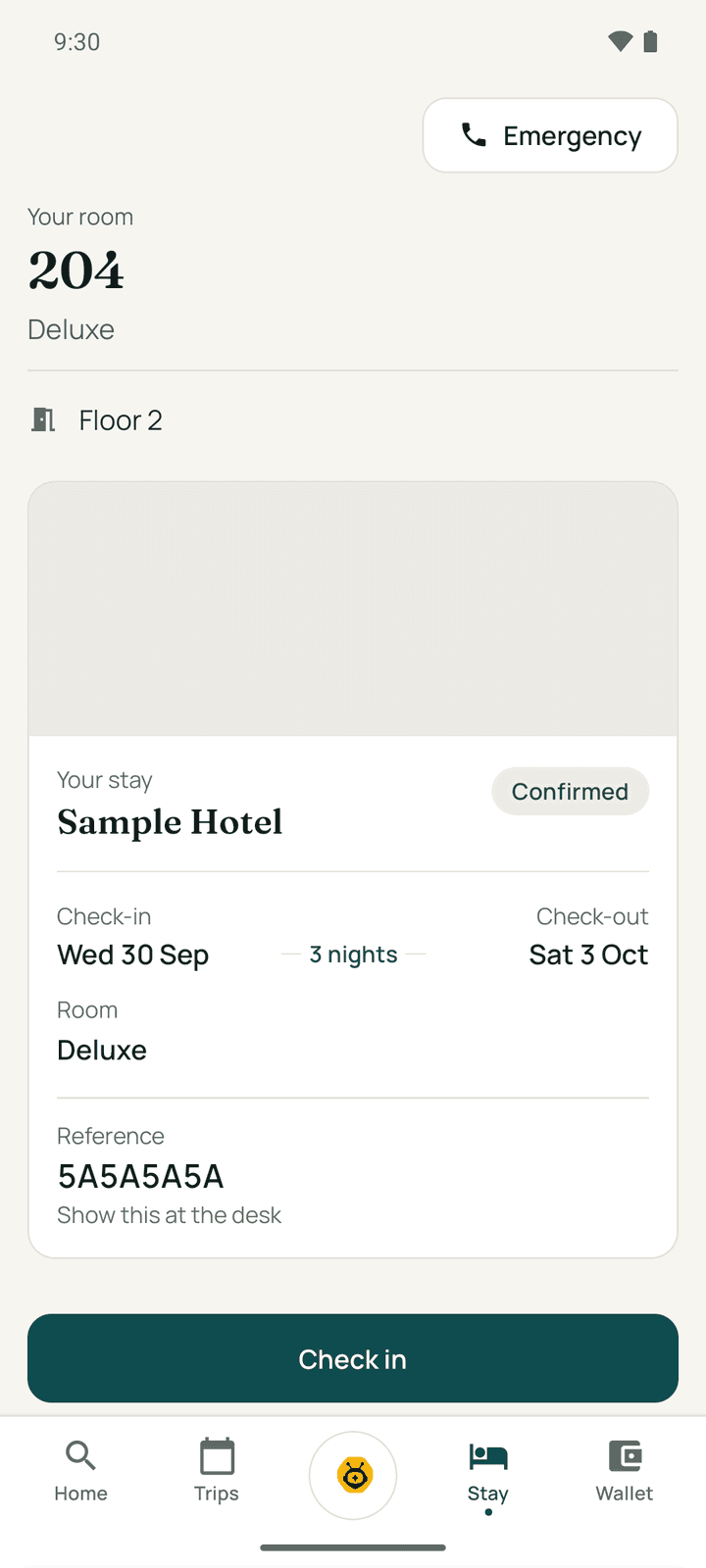 The Stay tab before arrival, with the Check in button