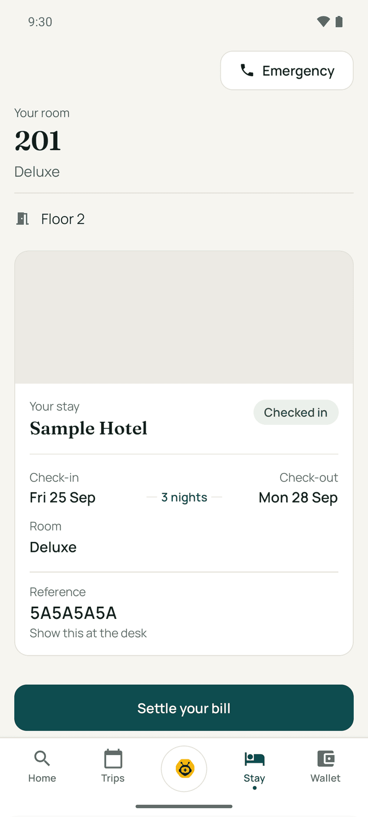 The Stay tab during a stay: your room, Wi-Fi, and the main action
