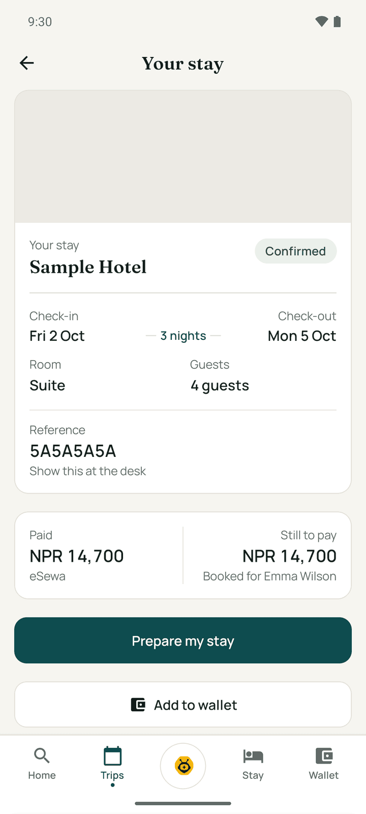 A trip's page: the stay pass, payment, Prepare my stay and the actions