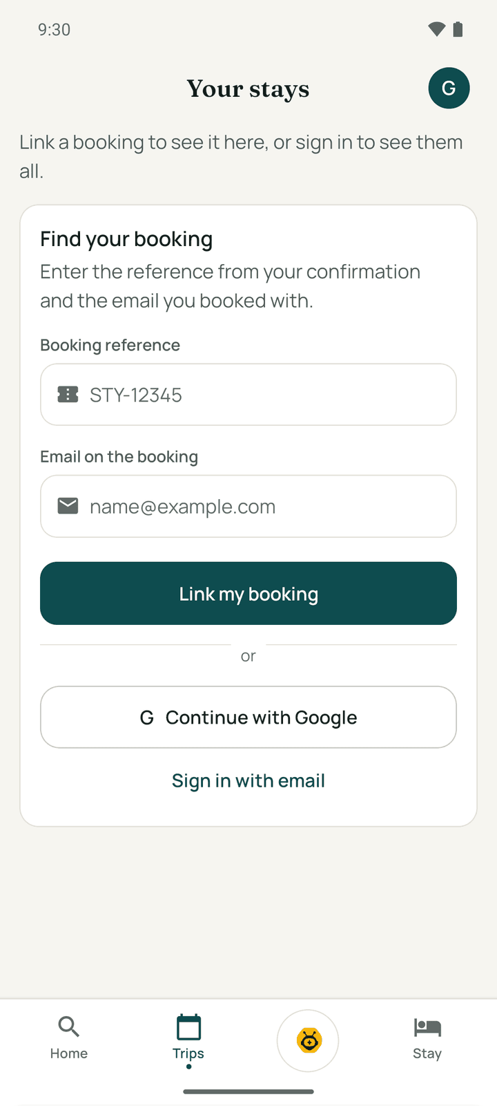 Trips before signing in: the Find your booking form with the booking reference and email
