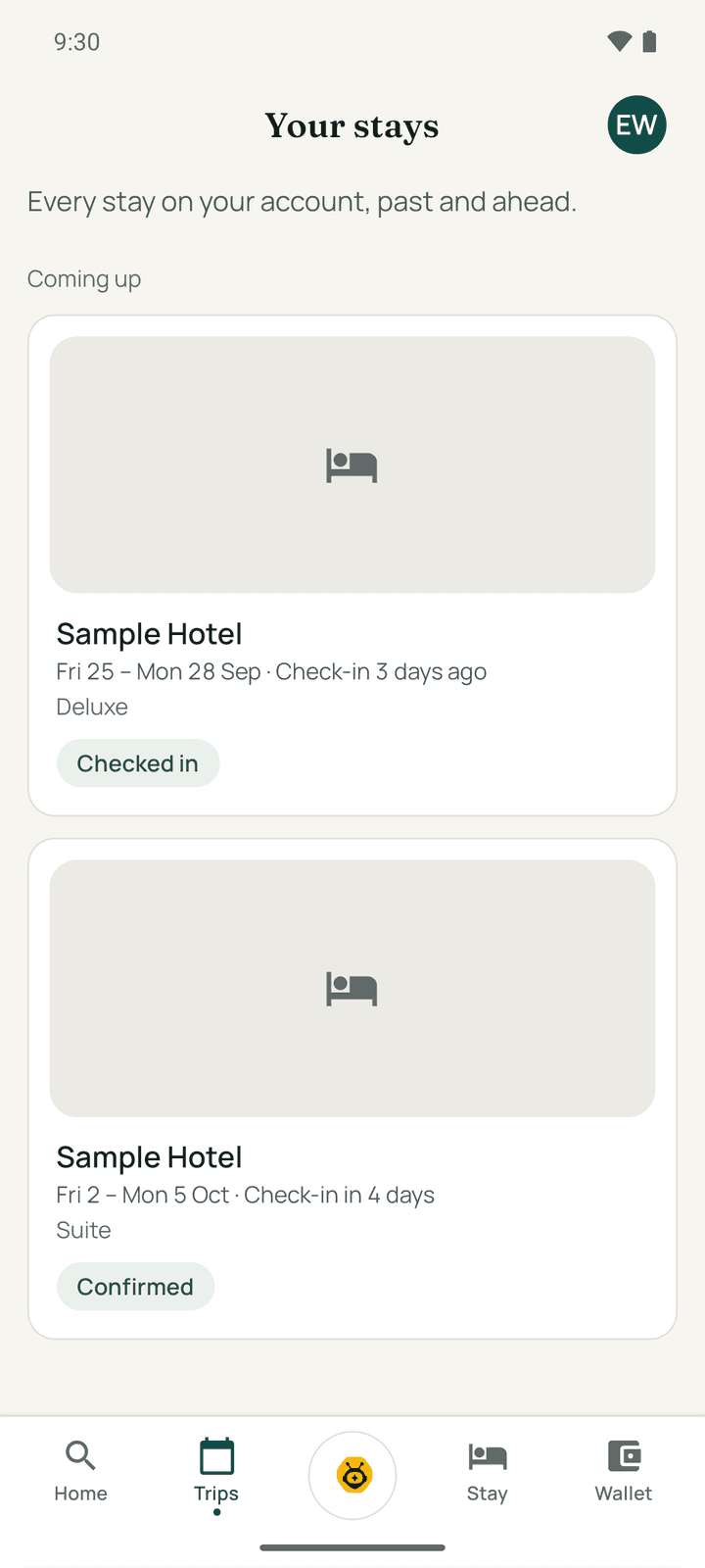 Trips: an upcoming stay and a checked-in stay with their status