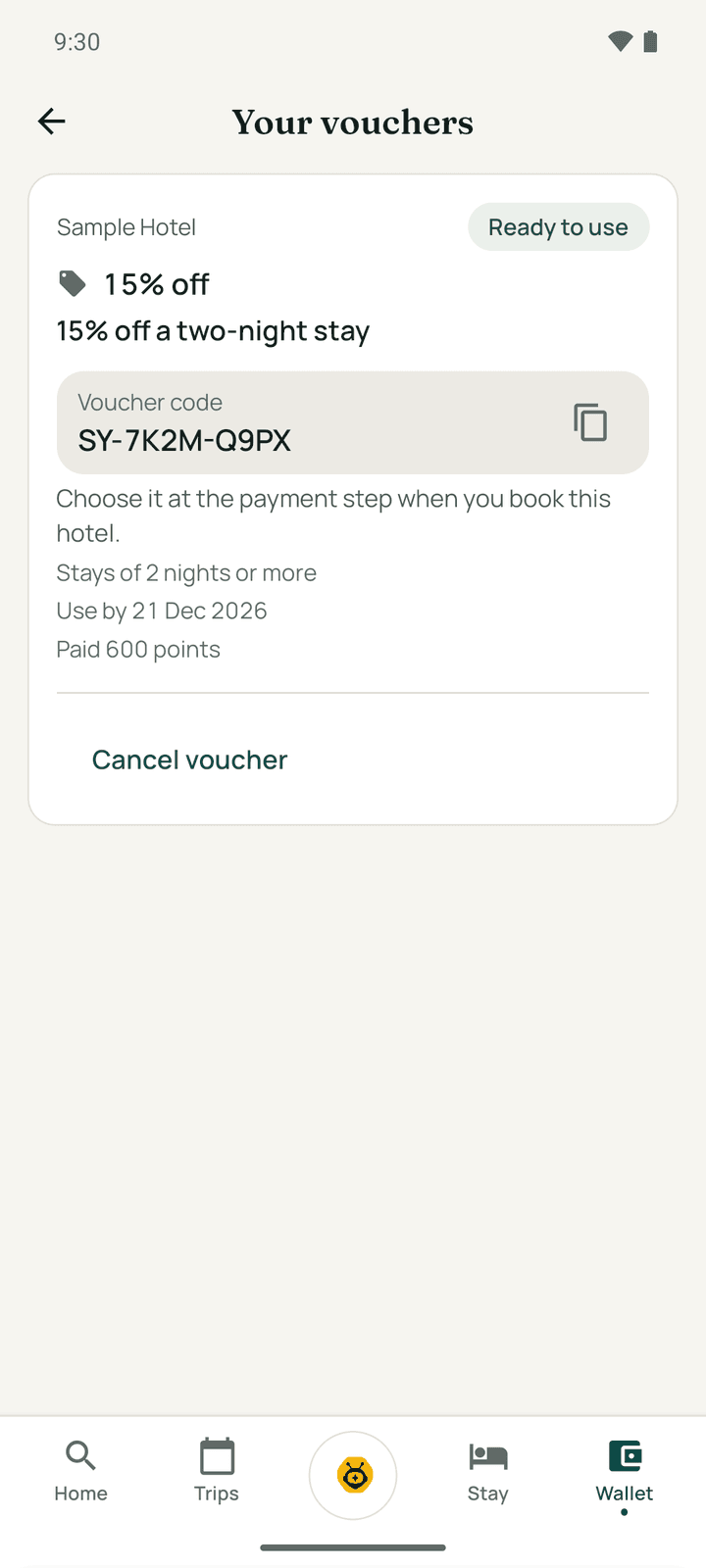 Your vouchers: a 15% off voucher with its code, use-by date and Cancel voucher