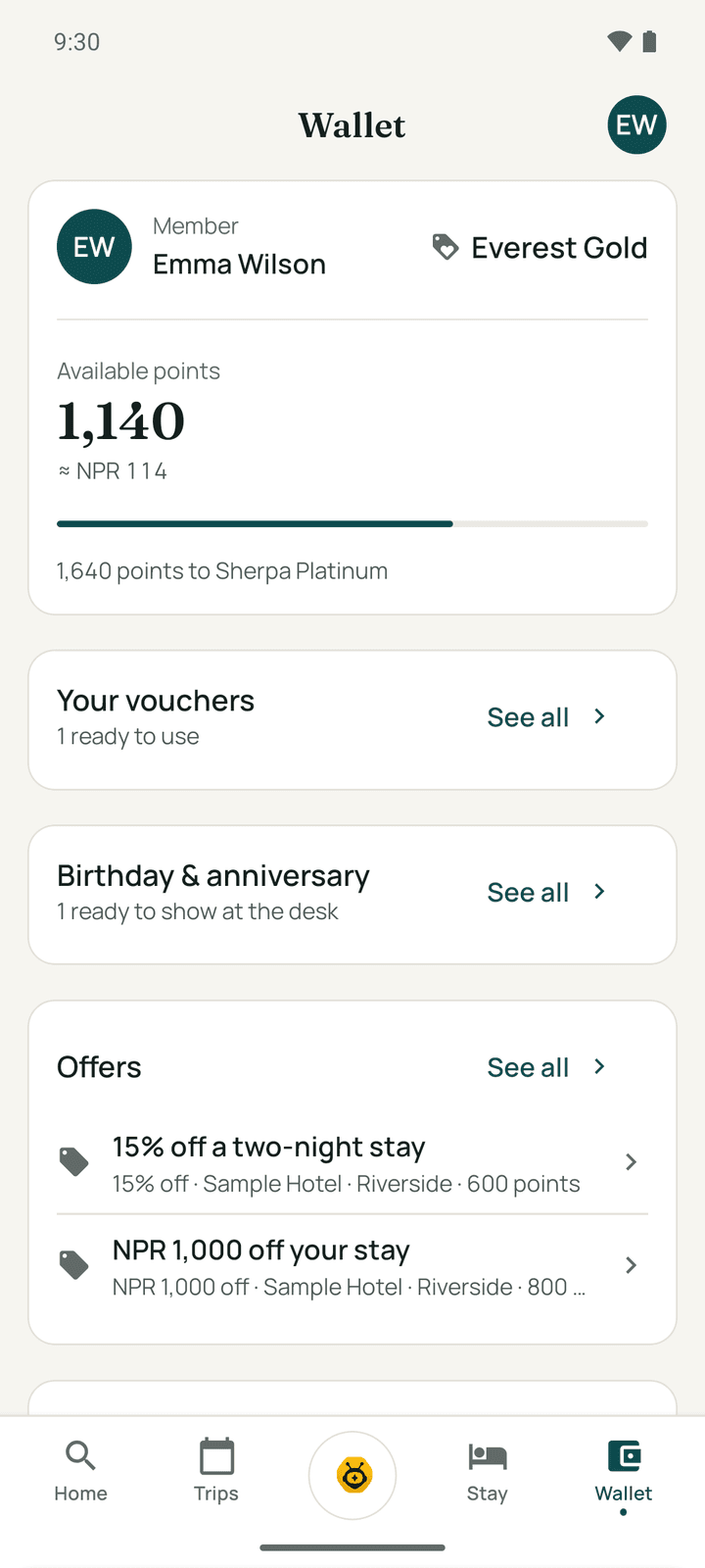 The Wallet: the member card with available points and tier, vouchers, offers and points history