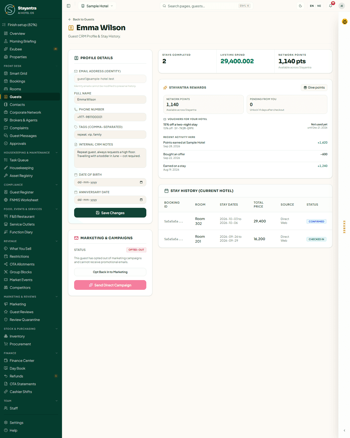 The whole profile: details, marketing consent, Rewards and stay history