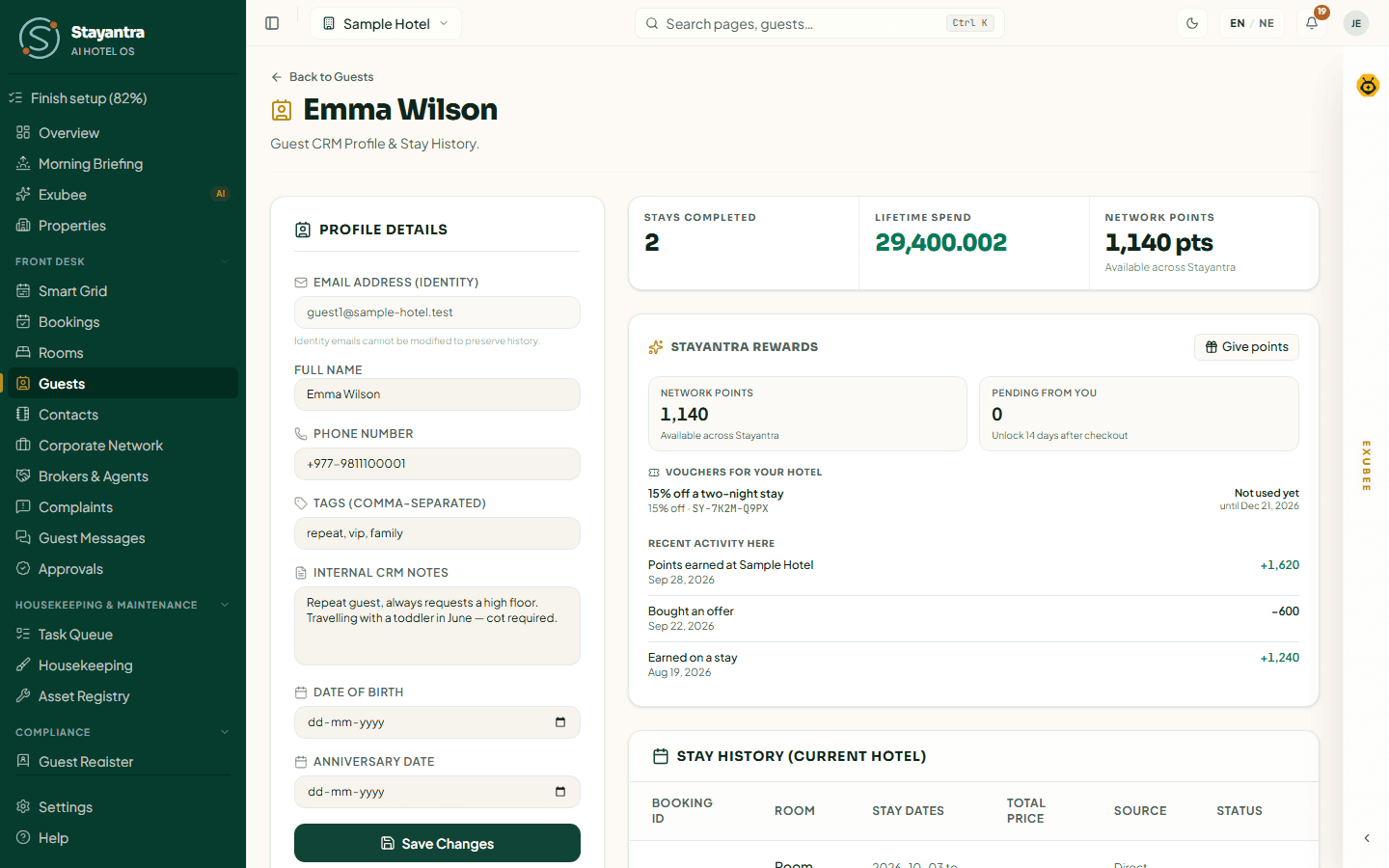 A guest profile: details, marketing consent, stays, spend and Rewards