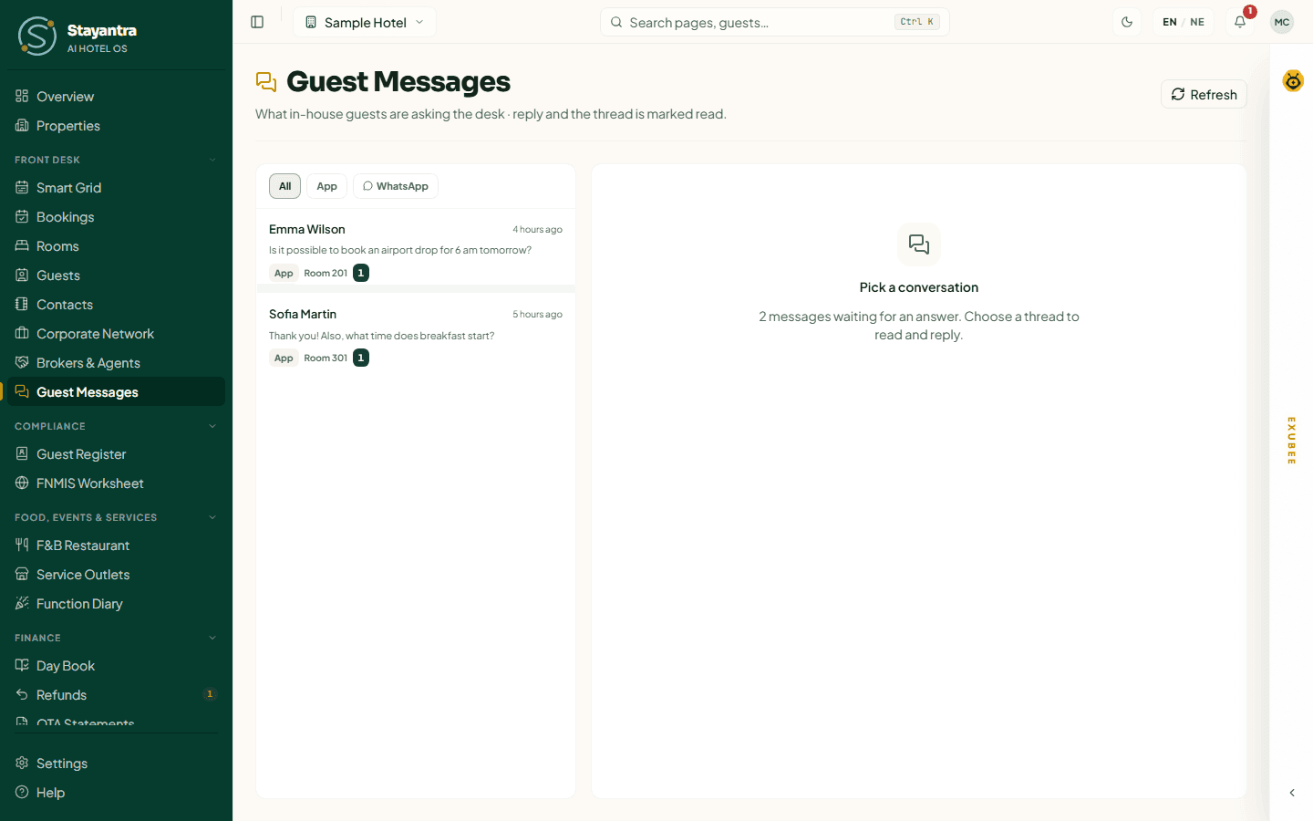 The Guest Messages inbox: conversations on the left, one open on the right