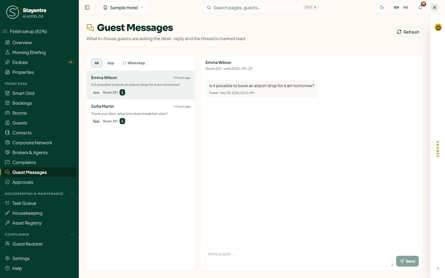 An open conversation with the guest's messages and the reply box