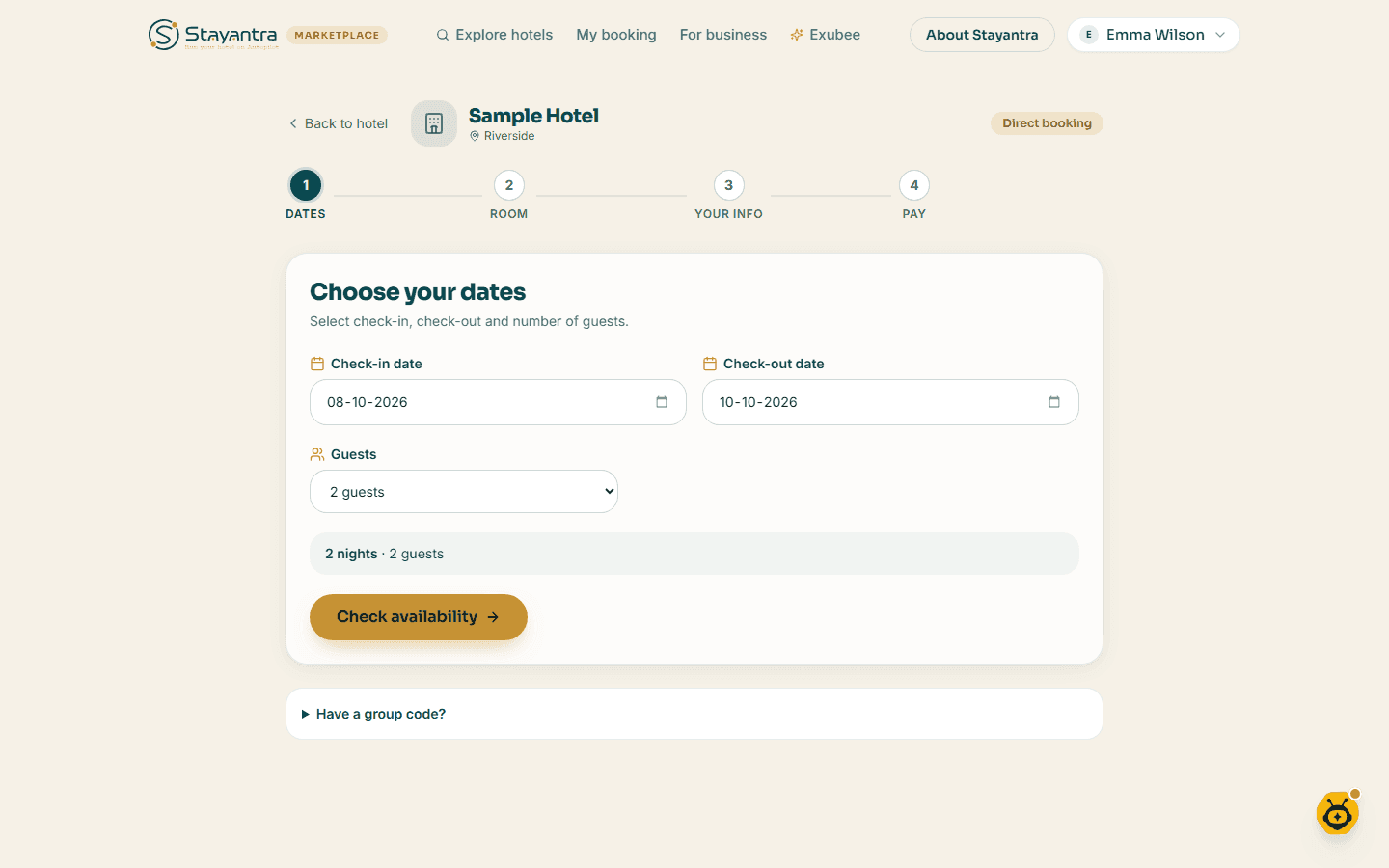 Step 1, Dates, with check-in, check-out and guests filled in
