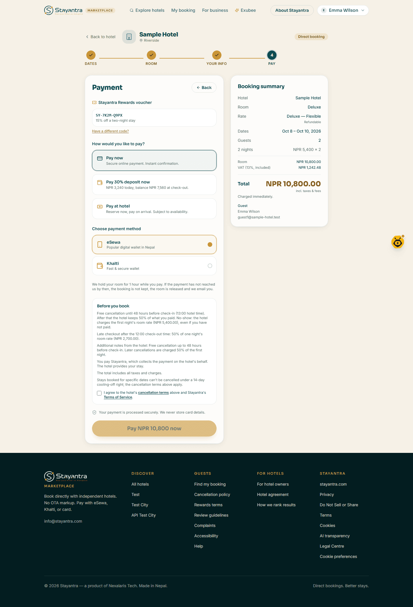 Step 4, Pay, with the payment options and the booking summary