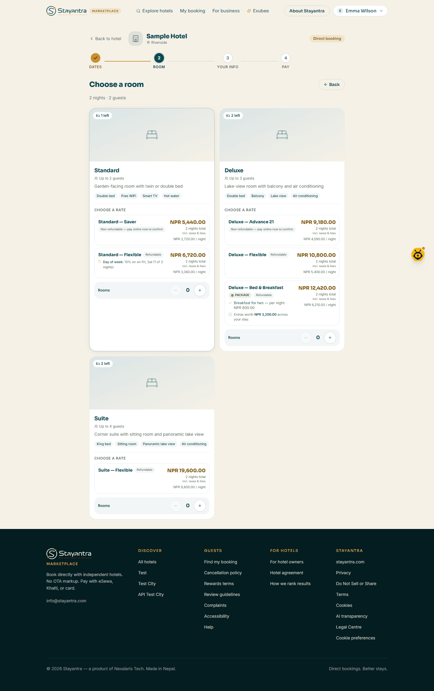 Step 2, Room, listing the room types and rates