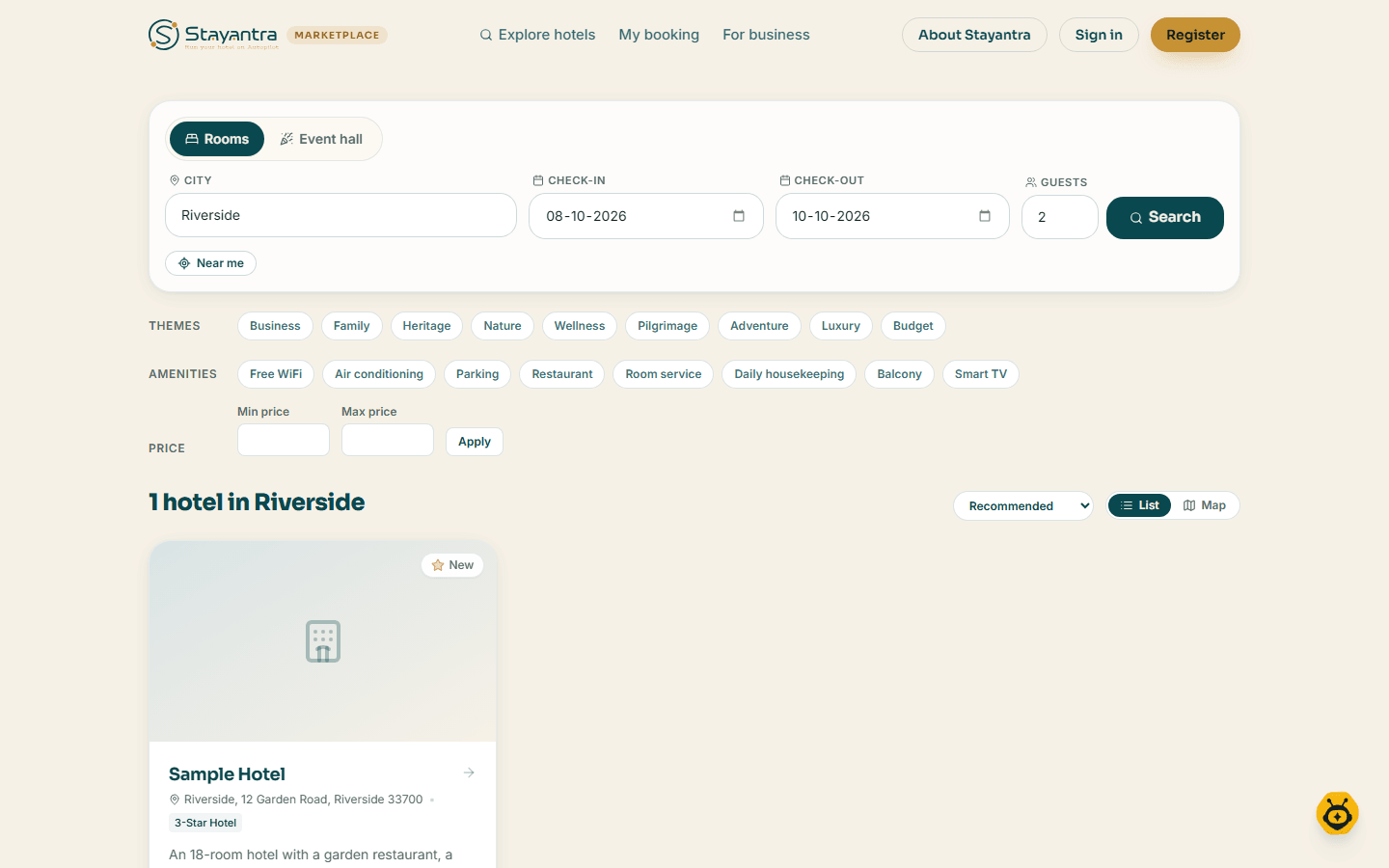 Search results for Riverside with the filters and hotel cards