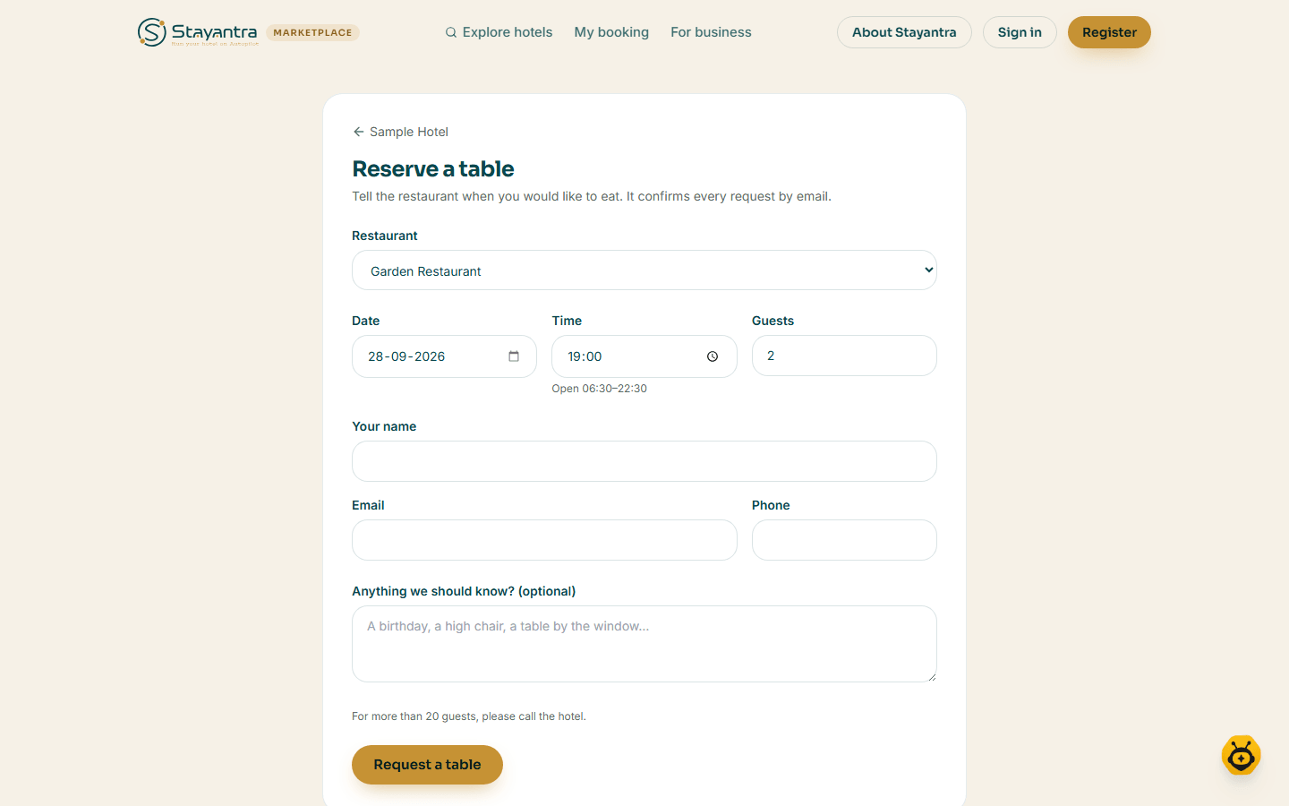 The Reserve a table form