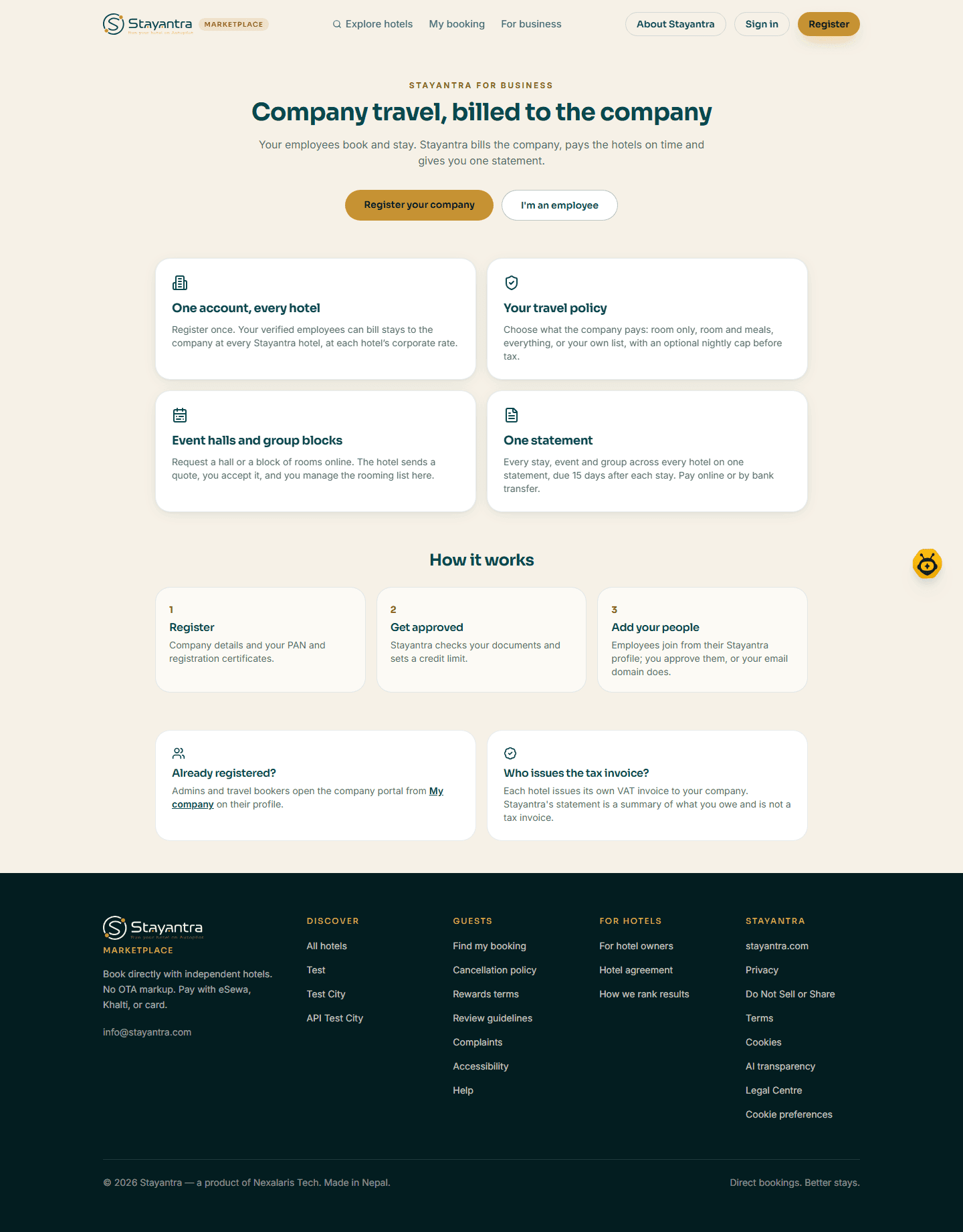 The Stayantra for Business page, Company travel, billed to the company