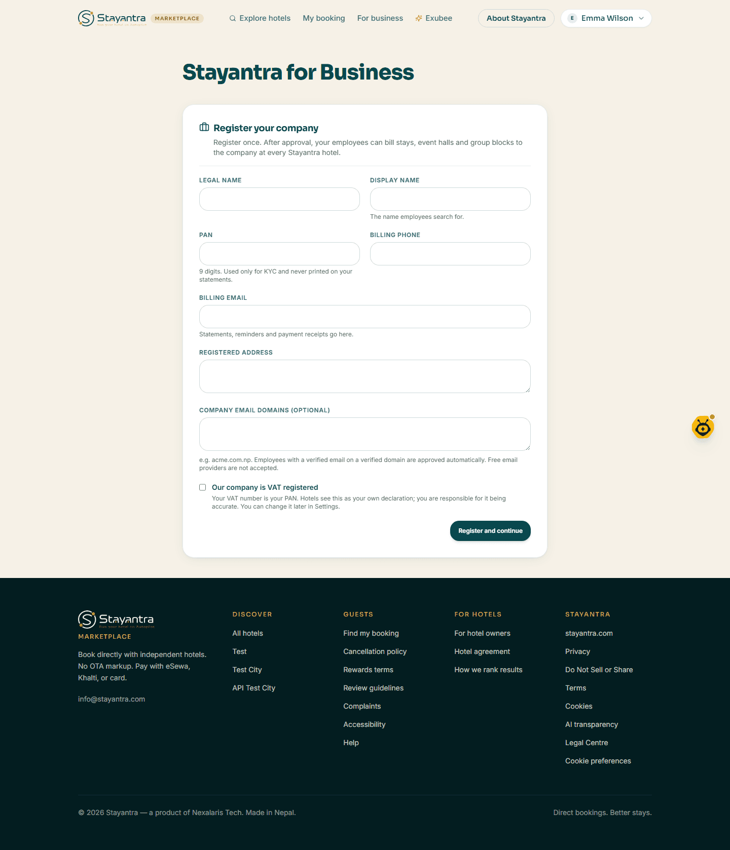 The company registration form