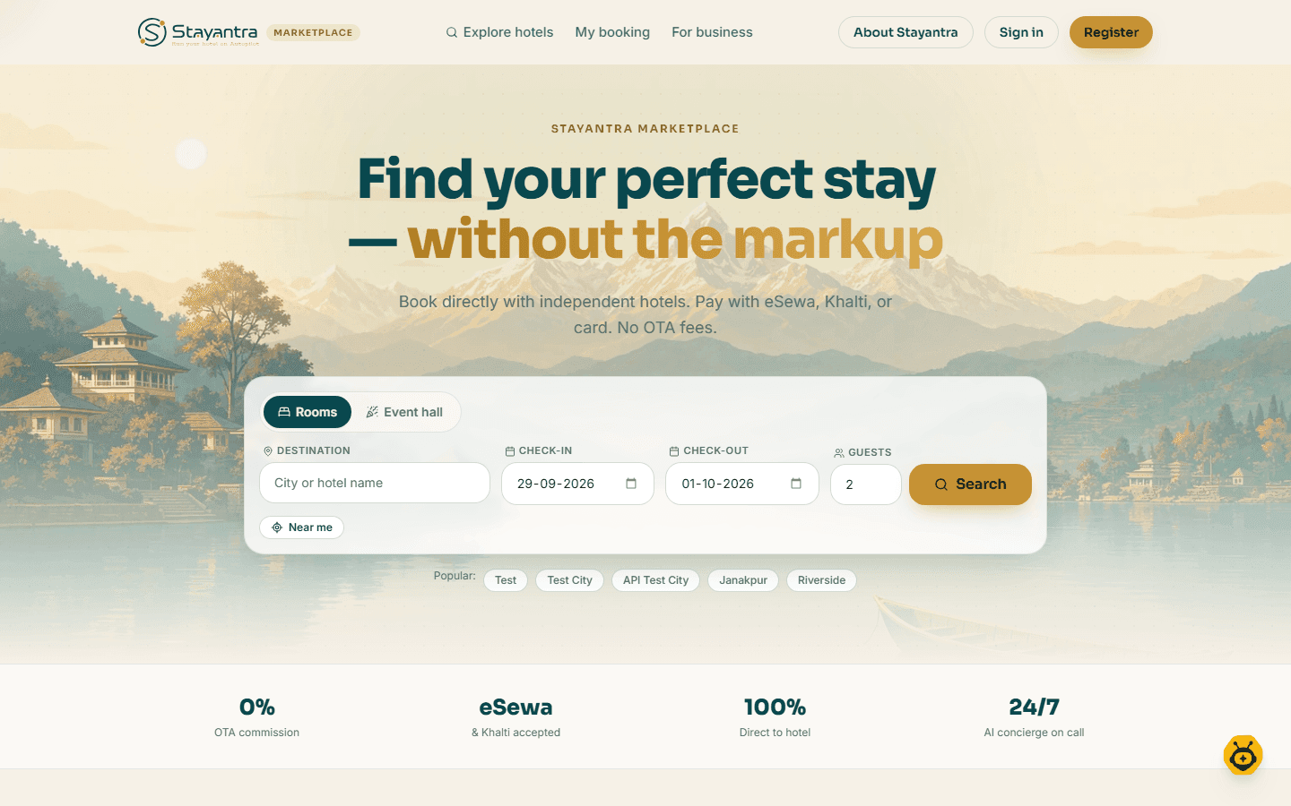 The Stayantra marketplace home page with the search box