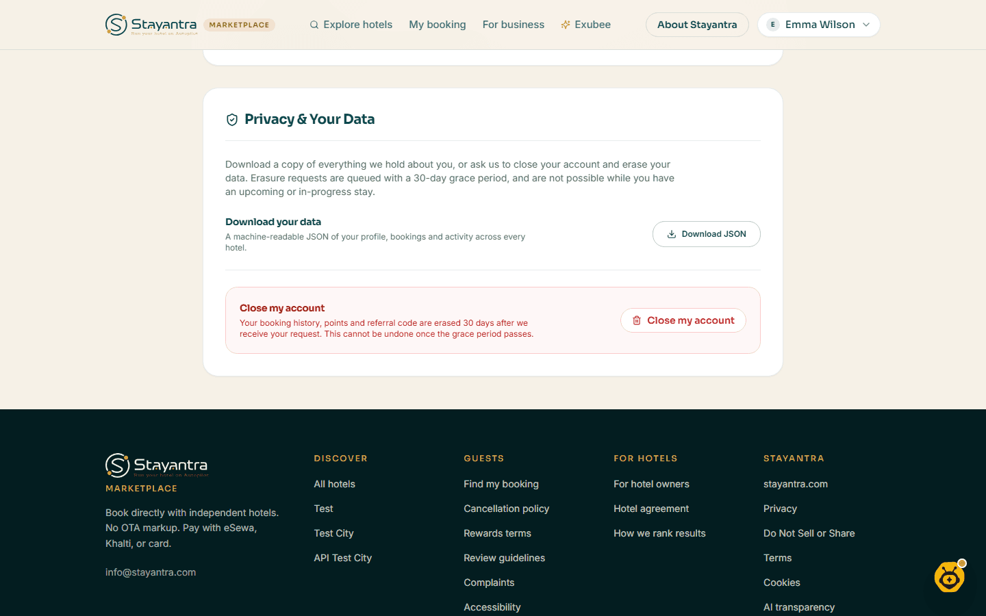The Privacy and Your Data section of the guest profile, with Download JSON and Close my account