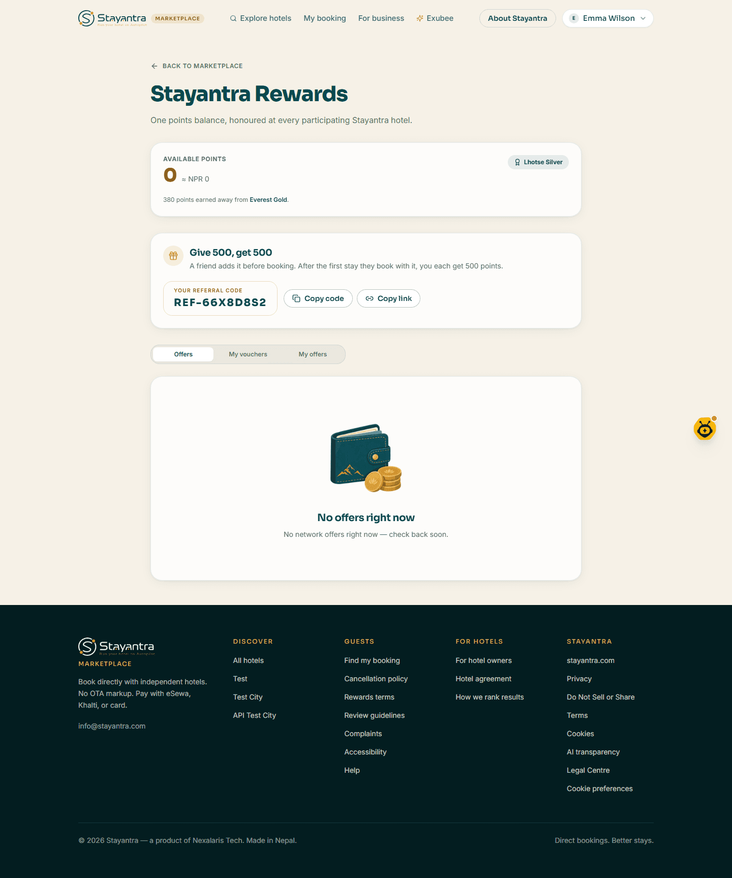 The Stayantra Rewards page with the points summary, the referral card and the offers