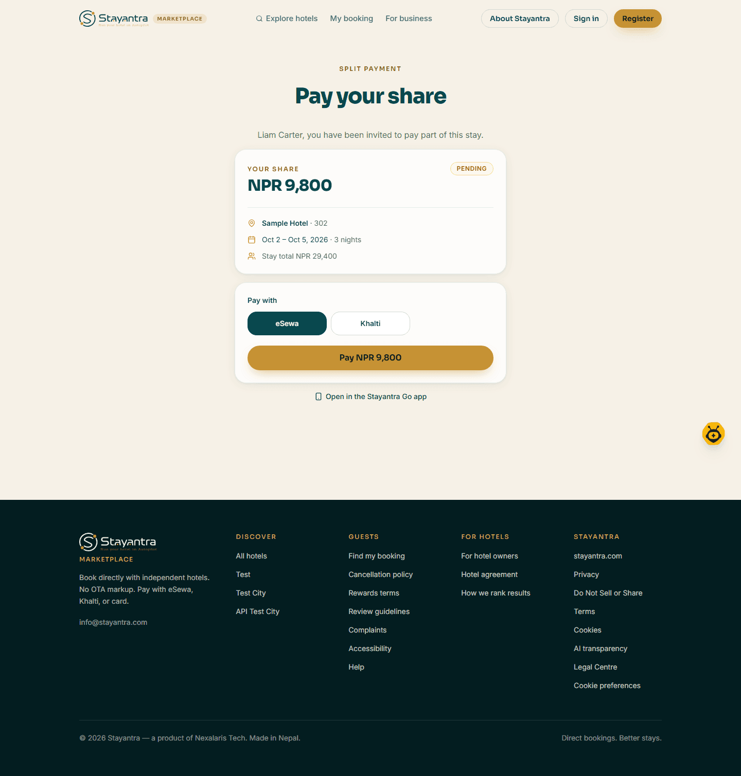 A co-traveller's Pay your share page for the Sample Hotel