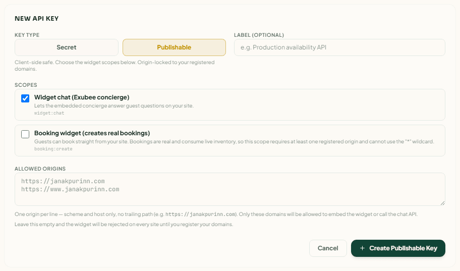 The New API Key form for a publishable key, with the two scopes and the Allowed Origins box