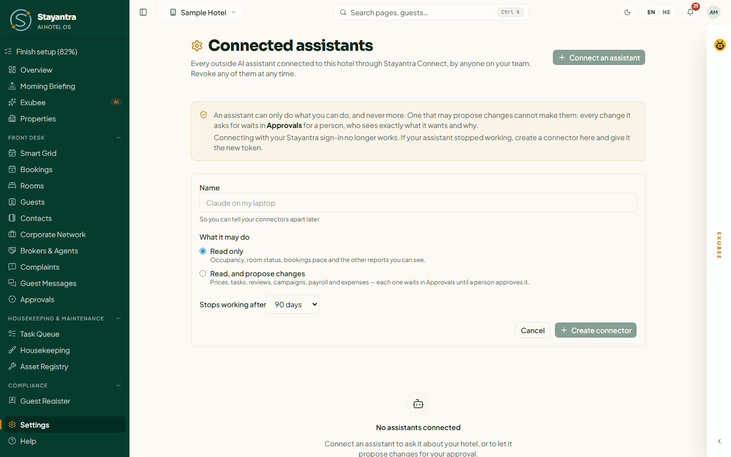 The Connect an assistant form with Name, What it may do and Stops working after