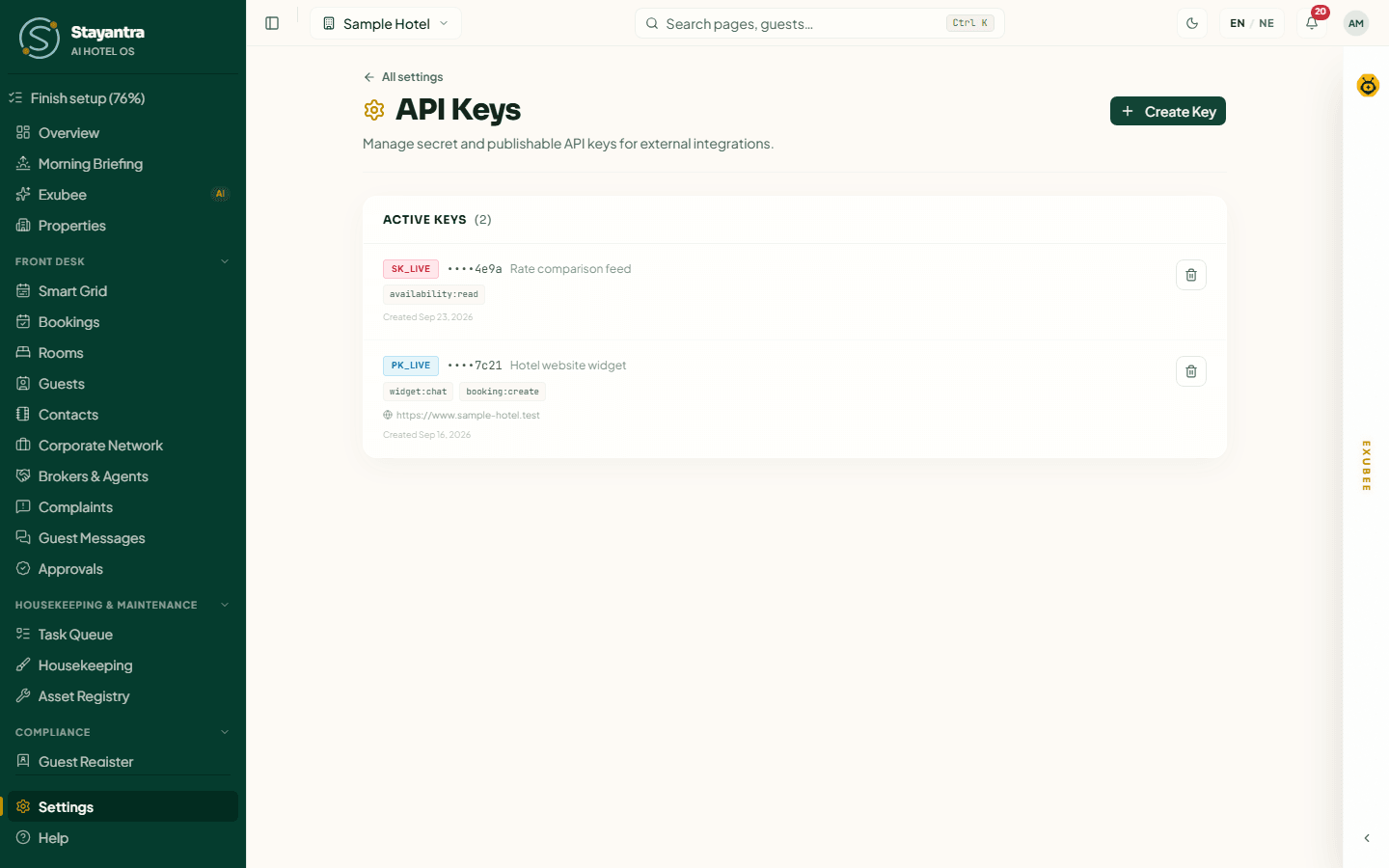 The API Keys page with one secret key and one publishable key