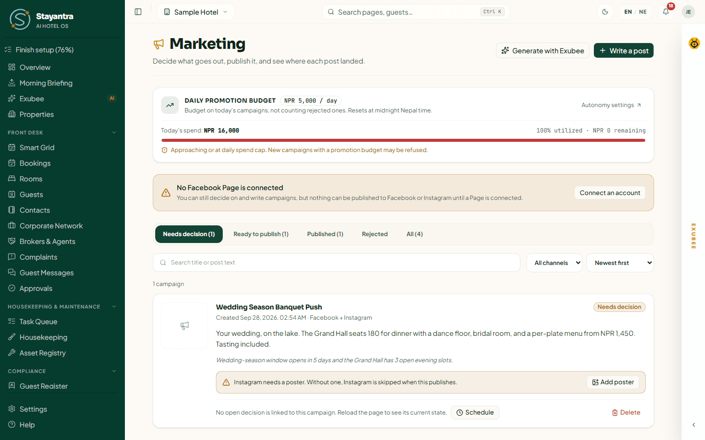 The Marketing page with the daily promotion budget, the Facebook notice and one campaign waiting for a decision