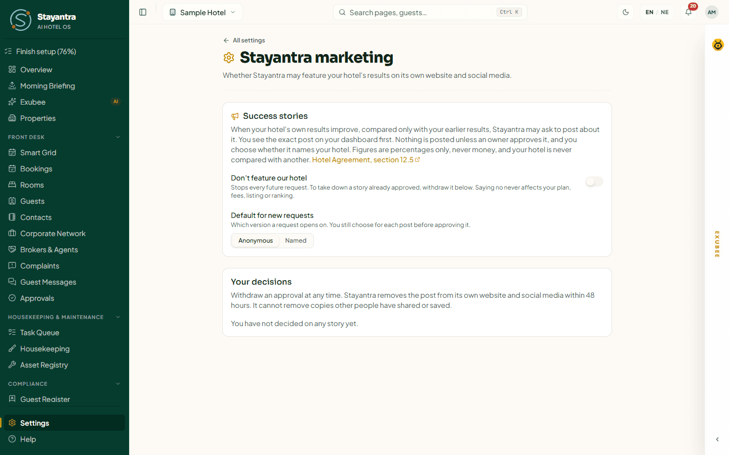 The Stayantra marketing settings with the success stories switch