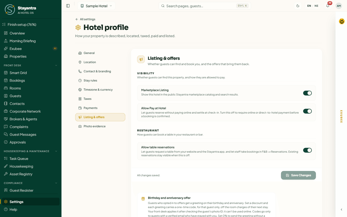 Listing & offers with the Marketplace Listing and Allow Pay at Hotel switches