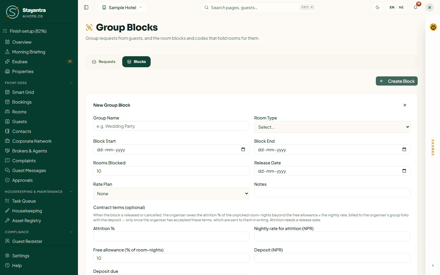 The New Group Block form with contract terms and the organiser
