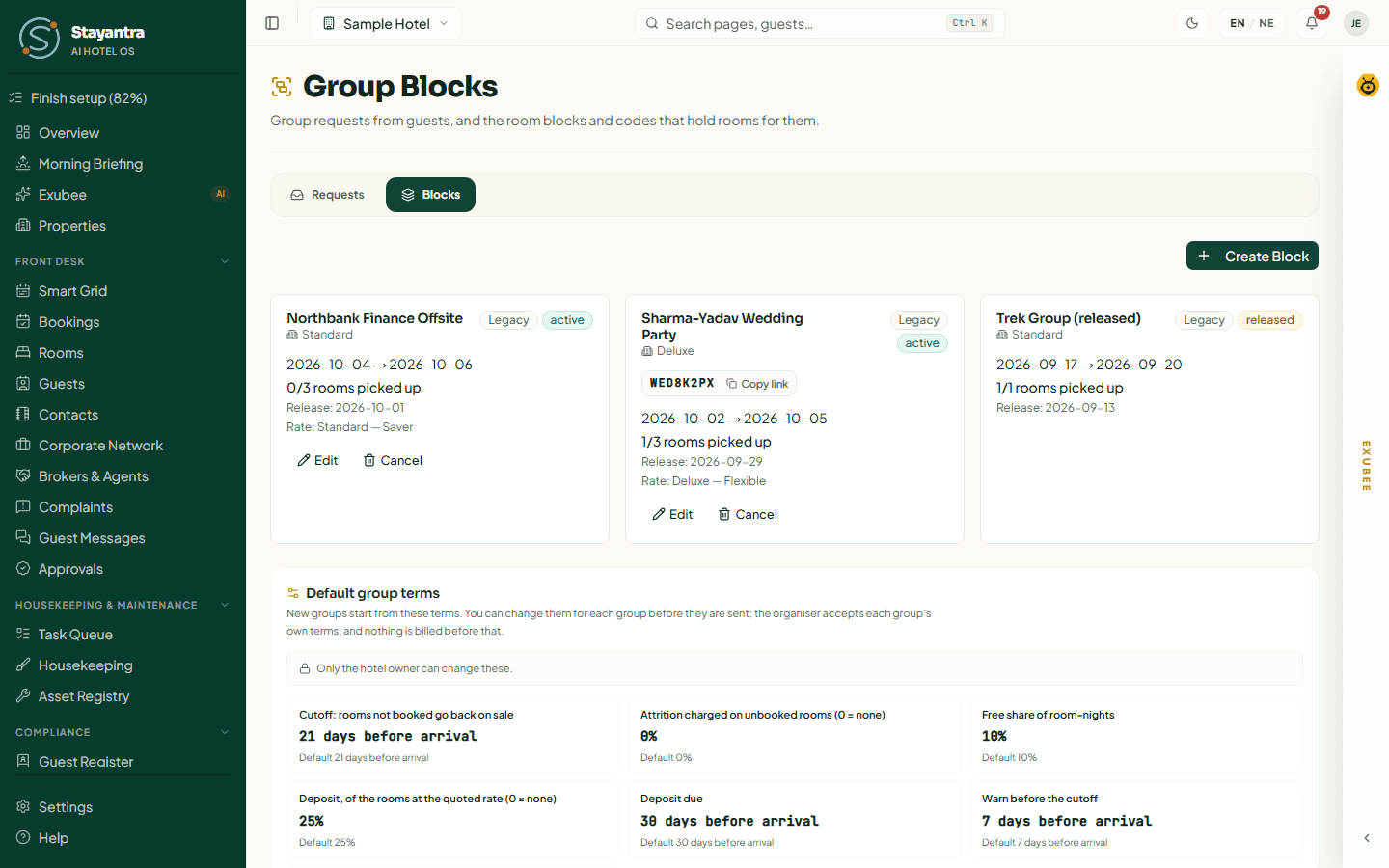 The Blocks tab: each block with its dates, rooms picked up, release date and group code