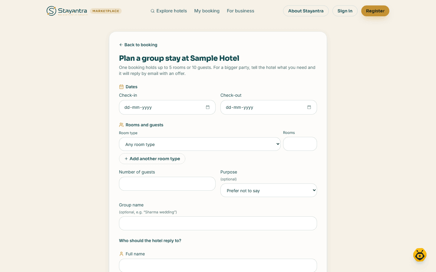 The group request form on the hotel's booking page