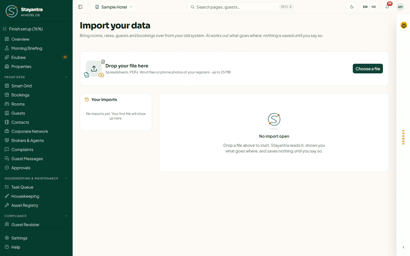 The Import your data page before any file is uploaded, with the drop area and the empty Your imports list