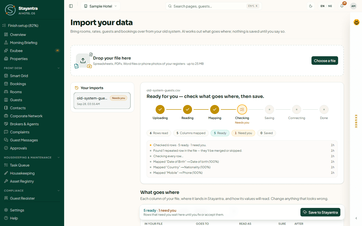 An import waiting for review, showing the What goes where mapping