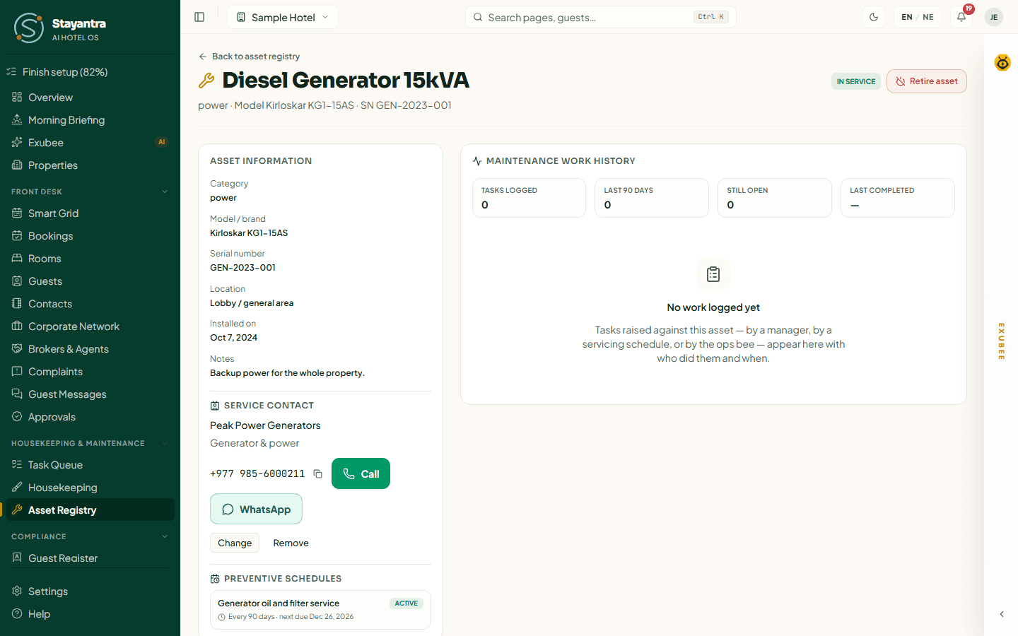 An asset's page with its details, service contact, schedules and maintenance history