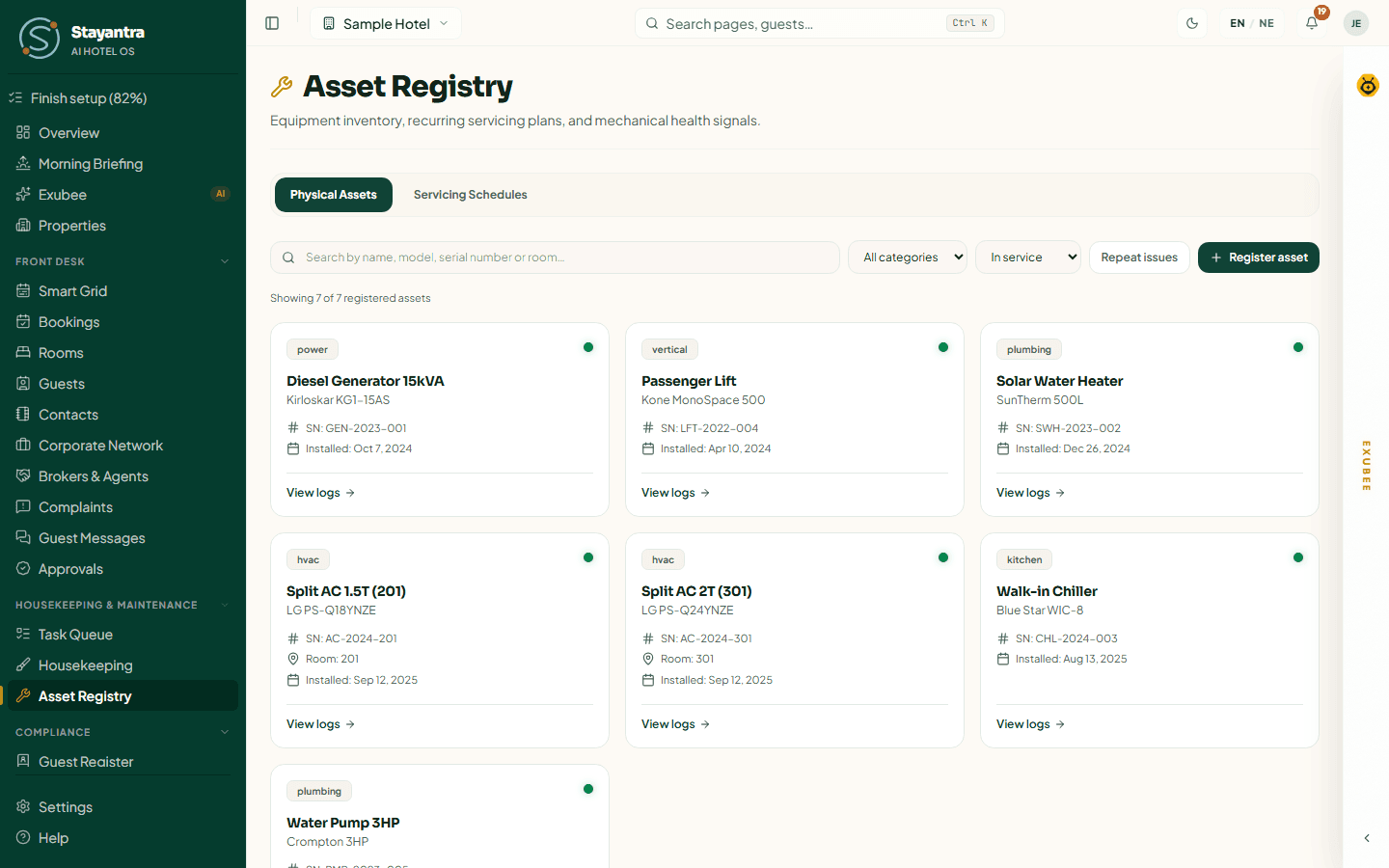 The Physical Assets tab with equipment cards