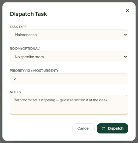 The Dispatch Task dialog with task type, room, priority and notes