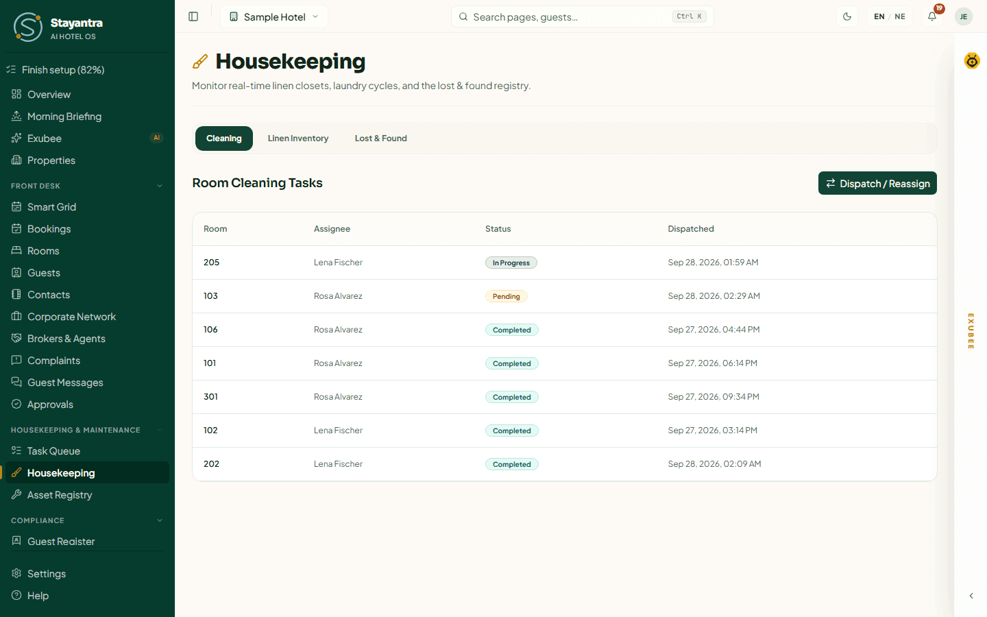 The Cleaning tab listing room-cleaning tasks with assignee and status