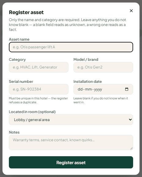 The Register asset dialog