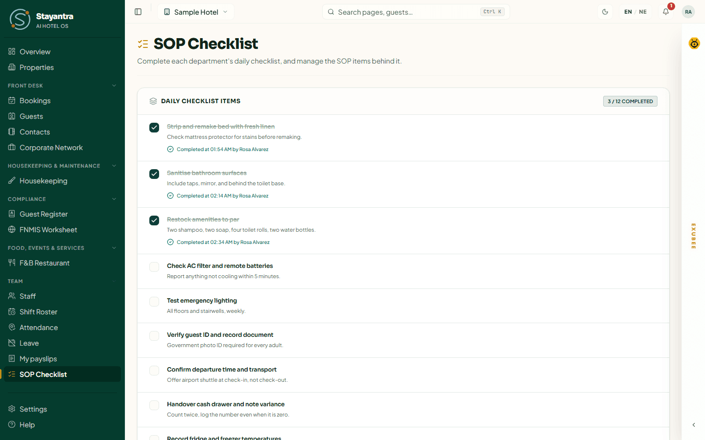 A housekeeper's daily SOP checklist with some items ticked