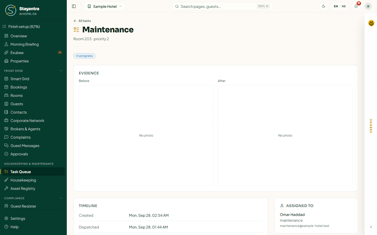 A task's detail page with evidence photos, timeline, assignee and guest rating