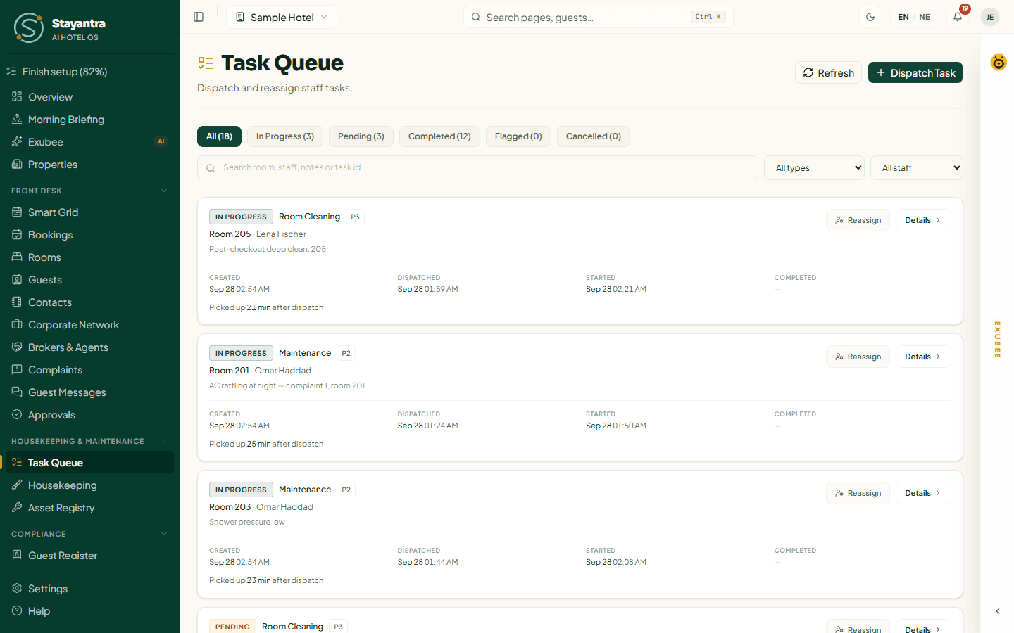 The Task Queue with status filter chips, search and task cards showing room, assignee and timestamps