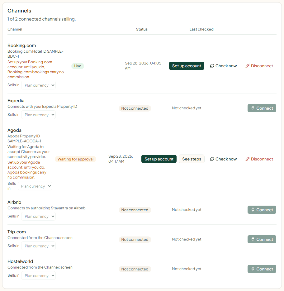 The Channels card with Booking.com live and Agoda waiting for approval