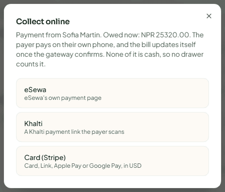 The Collect online dialog with a payment QR for the guest to scan